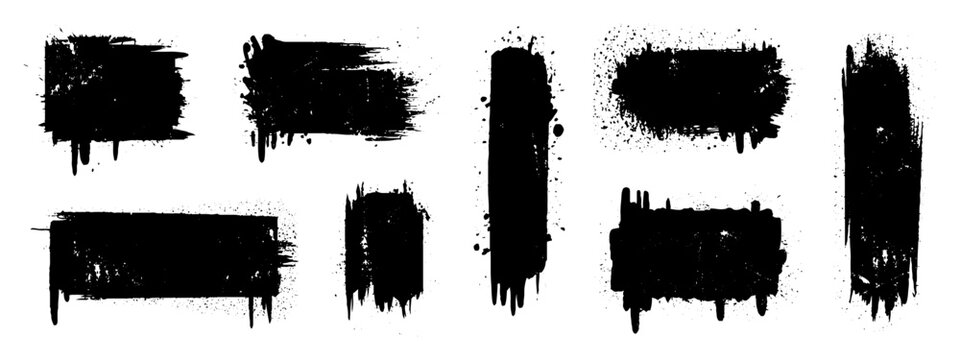 Grunge spray paint graffiti stencil frames.  Black vector rectangles and squares. Airbrushing paint banners, splatter ink shapes. Places for text or pictures. Graffiti spray paint element.
