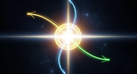 Obraz premium A vibrant and dynamic illustration of a glowing orb surrounded by colorful arrows in space