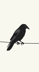 Fototapeta premium Minimalist Black Raven Perched Elegantly on a Thin Wire Against Cream Background
