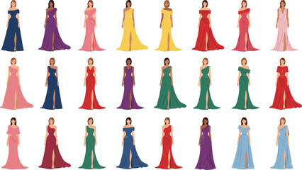 Elegant collection of diverse women wearing colorful evening gowns and formal dresses isolated on white background vector fashion illustration set © Mst