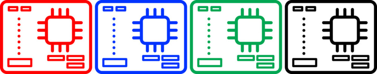Obraz premium Microchip processor computer technology red blue green black flat outline vector illustration