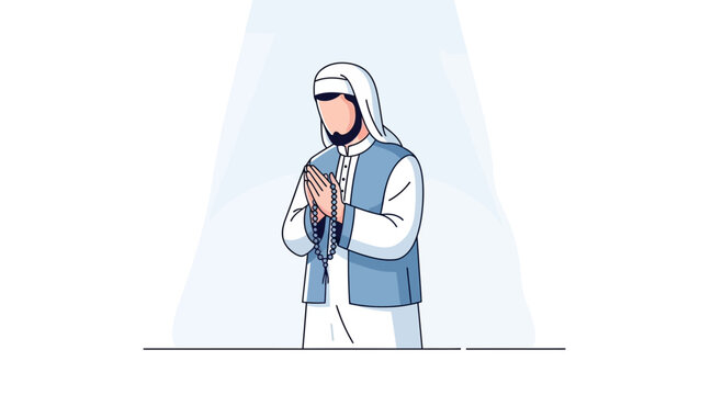 Muslim Man Praying With Prayer Beads Minimalist Islamic Illustration