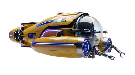 Futuristic Yellow Submarine Model on White Background.