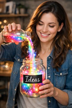 Smiling woman pouring colorful liquid light into a transparent jar labeled Ideas, creative entrepreneurship concept