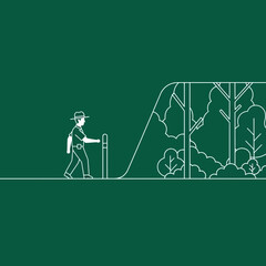 Park Ranger Navigates Scenic Forest Trail With Simple Linear Art Style