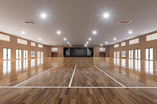 Modern Multipurpose Auditorium and Sports Hall 3D Render with Stage and Wooden Parquet Flooring