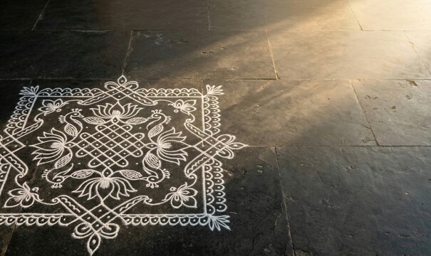 Traditional Kolam Design on Stone Floor &ndash; Elegant Indian Festival Greeting Background