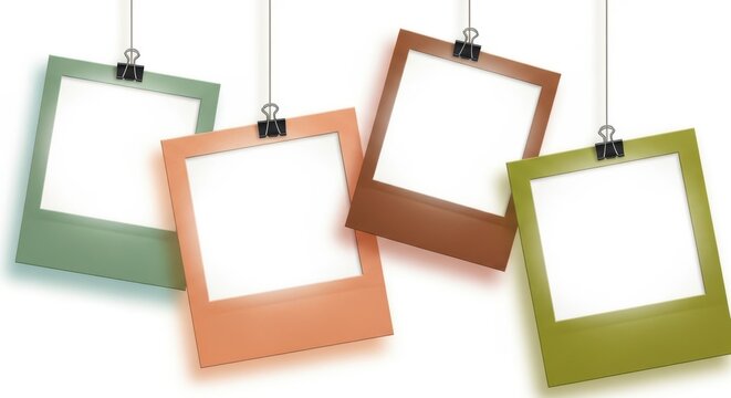 Colorful photo frames with clips hanging on strings