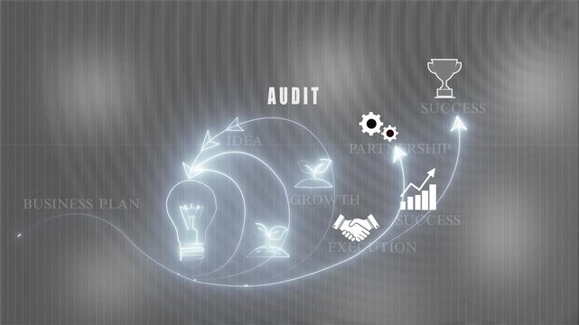 A suited executive presses a glowing audit hub surrounded by checklist and standard icons. Concept of compliance verification and corporate governance