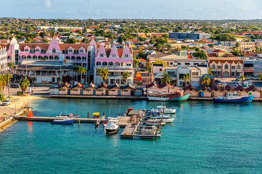 A view towards the marina and shoreline in  Oranjestad, Aruba on a bright morning