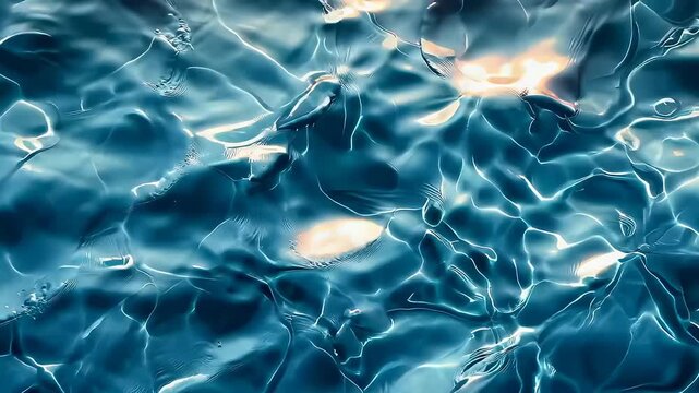 Moving reflection on blue water surface. Abstract liquid motion with sun glare for dynamic background or overlay.