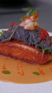 Grilled salmon steaks on the pan. Freshly cooked fish fillet. Food concept. High quality FullHD footage