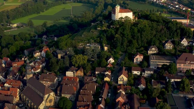 Aerial view beside the old town city Vaihingen an der Enz on an sunny afternoon in autumn.