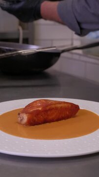 Grilled salmon steaks on the pan. Freshly cooked fish fillet. Food concept. High quality FullHD footage