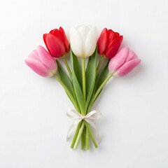 Fototapeta premium Colorful bouquet of wild tulips in red, pink, and white with ribbon on white background. Beautiful display of wild tulips for spring celebrations and gift giving.