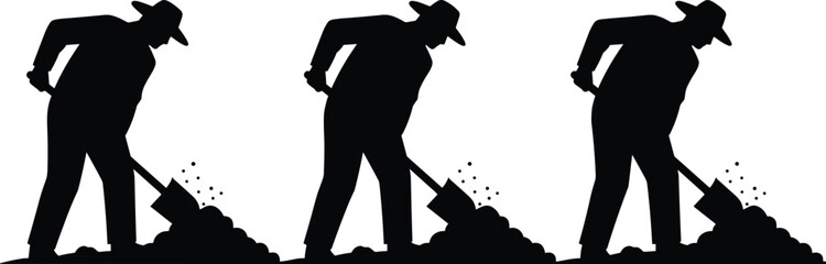 Set of black farmer silhouettes digging soil with shovel on white background, vector icons for agriculture gardening manual labor farming and construction work design © Hey there