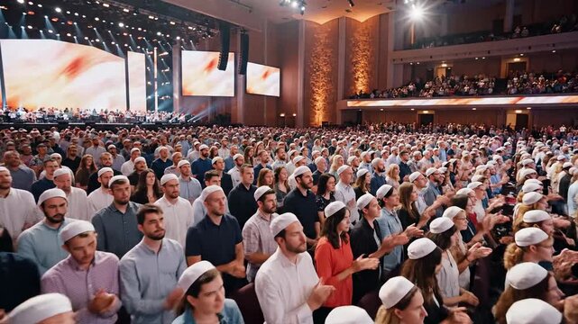 Diverse Crowd Attending Large Scale Conference or Religious Gathering in an Auditorium with Stage