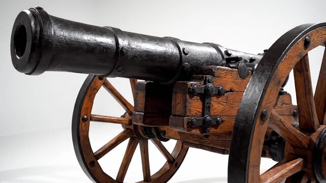 Antique Black Cannon with Large Wooden Wheels on a White Background, Historical Artillery Weapon