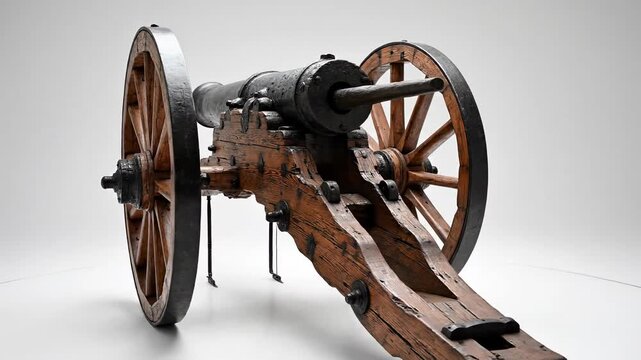 Antique Wooden Cannon on Wheels: Historic Artillery Weapon from the Past, Military Museum Display
