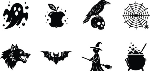 Set of black Halloween spooky icons with ghost bitten apple crow on skull spider web werewolf bat witch and bubbling magic cauldron vector symbols © Hey there