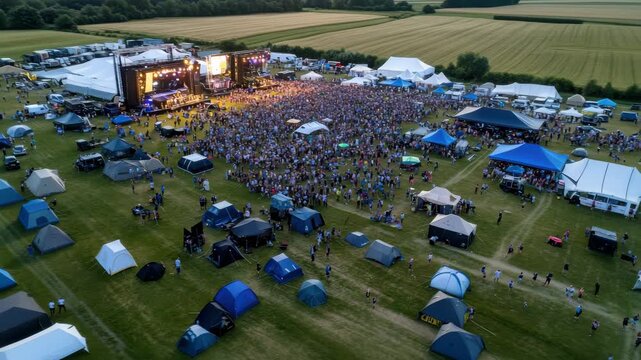 A large crowd gathers at an outdoor music festival with multiple stages set up amid tents and vendors. Attendees enjoy live performances, creating an energetic atmosphere.