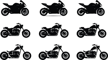 Set of black motorcycle silhouettes with sport bikes choppers and cruisers, vector icons for transportation automotive industry motorcycling hobby and extreme garage racing design © Hey there
