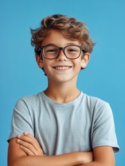 Fototapeta premium Smiling child wearing glasses, standing confidently with arms crossed.