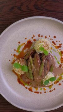 Recipe, hands and meat in kitchen for cooking dinner, meal preparation and sear beef cuisine. Chef, person and steak with herbs for healthy ingredients, nutrition and lunch food in home. 