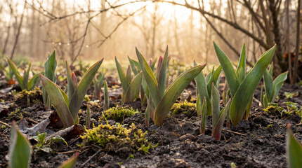 Fototapeta premium Orange tulips emerging from soil with sunlight illuminating garden scene. Orange tulips sprout in springtime with vibrant green leaves against blurred forest background.