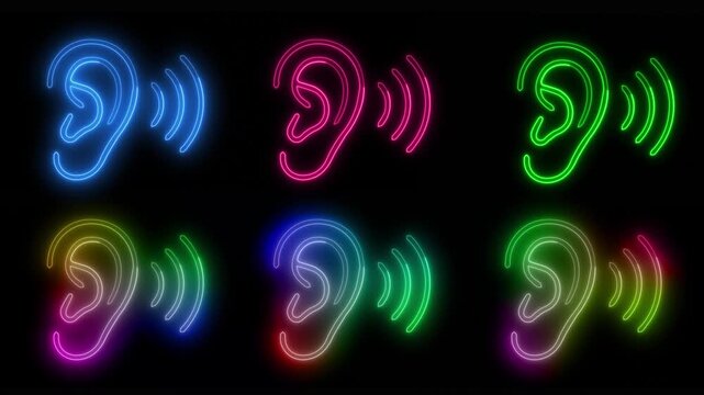 Multivariant neon ear animation with pulsing sound waves in multiple vibrant colors on a black background, audio, listening, communication, technology, or network