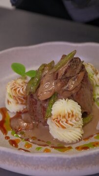 Recipe, hands and meat in kitchen for cooking dinner, meal preparation and sear beef cuisine. Chef, person and steak with herbs for healthy ingredients, nutrition and lunch food in home. 