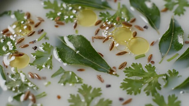 Close Up Of Dairy Base With Oil And Spices Being Poured With Fresh Herbs In A White Bowl Culinary Preparation Macro Shot