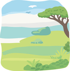 Obraz premium A simple cartoon savanna landscape features rolling green hills, bushes, a tree, and a blue sky in a flat illustration style.