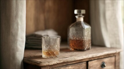 Wooden dresser with a glass and a decanter on it. the dresser is made of light-colored wood and has two drawers.