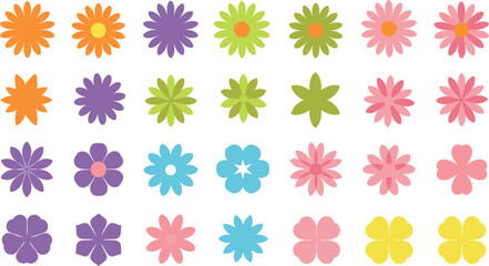 Colorful Flat Flower Icon Set with Simple Floral Shapes and Decorative Blossom Elements for Spring Graphics, Patterns, Stickers, and Creative Designs
