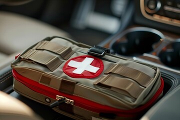 Obraz premium Close-up Photo of First Aid Kit in Car Glove Box, Representing Readiness for Road Emergencies.
