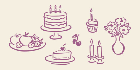 Birthday dessert and flowers doodle vector illustration © Victoria