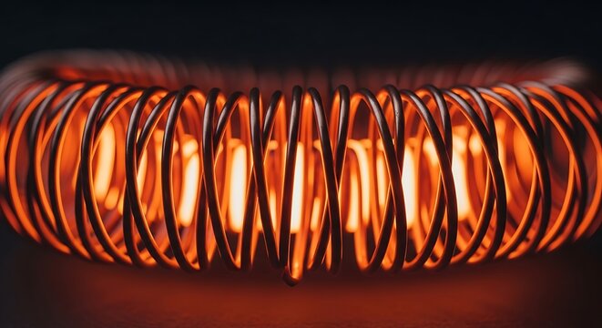 Glowing copper wire coil with warm light and abstract background 4k