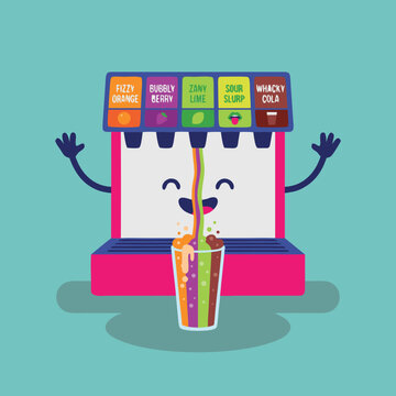 Cute cartoon soda fountain machine pouring colorful drinks into a cup.