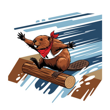 Playful Beaver Mascot Riding a Log Downhill with Joyful Expresion