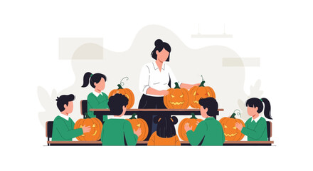 Fototapeta premium Pumpkin Carving With Instructor and Kids Create Spooky Halloween Designs