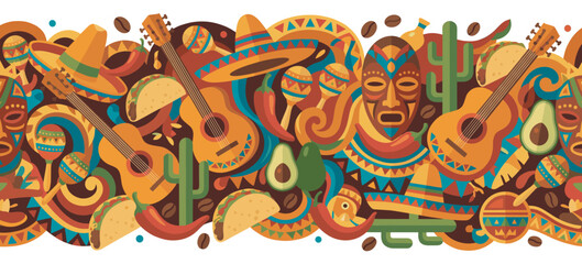 Traditional Mexican fiesta elements create a vibrant and colorful decorative pattern featuring guitars, sombreros, maracas, tacos, and chili peppers.
