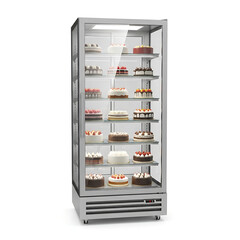 Glass-fronted display refrigerator filled with delicious cakes and pastries