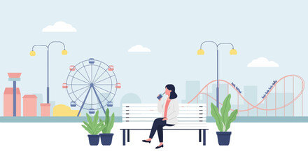 Fototapeta premium Relaxing Amusement Park Scene With Ferris Wheel And Roller Coaster