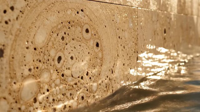 Luxury Spa Architecture: Hypnotic Water Caustics Reflecting on Smooth Beige Travertine Stone Wall, Bright Morning Light B