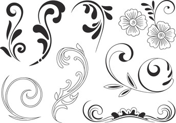 Floral ornamental swirl elements collection, decorative vintage design shapes, elegant botanical curls and flowers, black monochrome vector illustration isolated