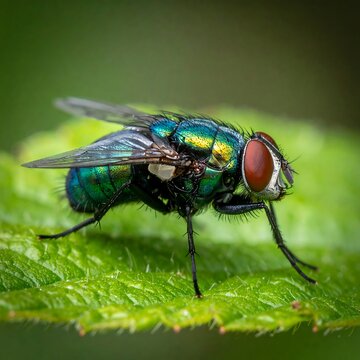 Green bottle fly resting on a textured green leaf, close up, sharp focus