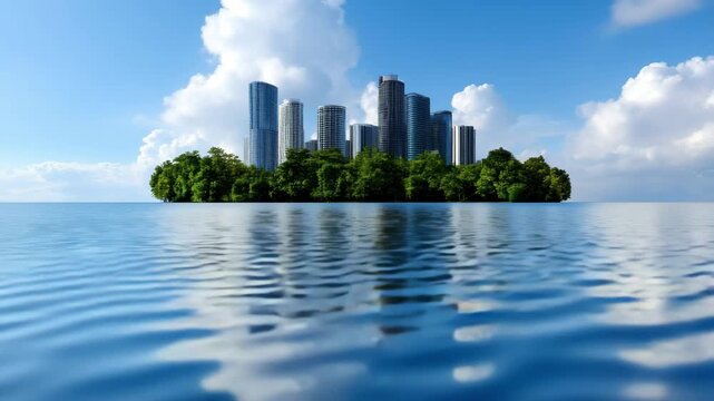 This vibrant cityscape showcases contemporary buildings standing tall amidst tranquil waters and abundant greenery, all set beneath a clear blue sky with fluffy clouds.