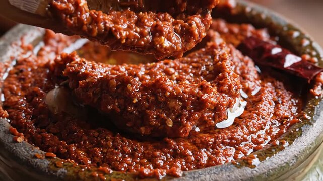 Close up of freshly prepared homemade red chili paste with garlic and spices in a traditional stone mortar with wooden pestle and dried chilies in a rustic setting