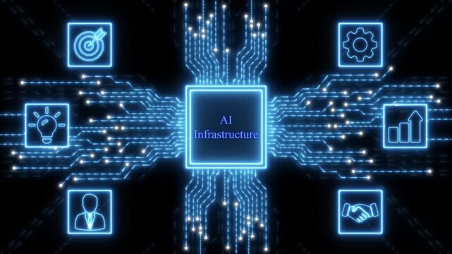 AI Infrastructure concept with glowing circuit board and icons